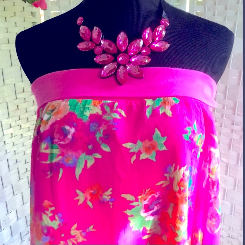 Pink Rhinestone Floral Statement Necklace Flower Crystal Bib